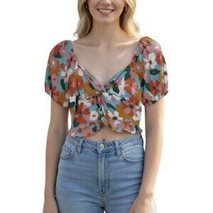 Altar'd State Crop Top Size Medium Twist Front Tie Sash Floral Peasant Smocked